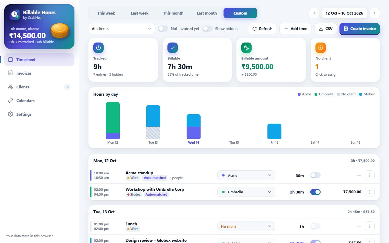 Timesheet built from calendar meetings, with hours by day and billable amounts
